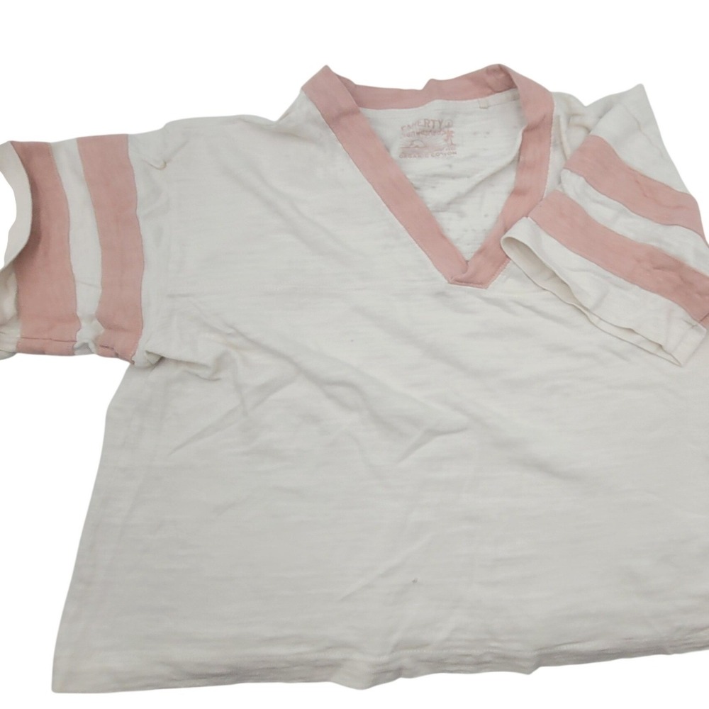 Faherty Sunwashed Organic Cotton V-Neck Striped Varsity Tee Cream Pink Small